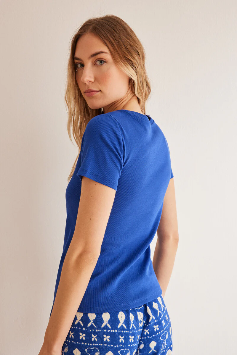 Ribbed blue short-sleeved T-shirt - Image 2